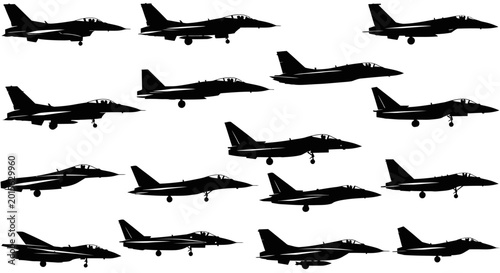 Obraz na płótnie Silhouettes of multiple fighter jets flying.