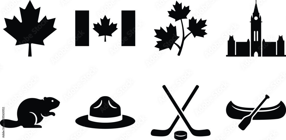 Obraz premium Canada National Symbols Silhouette Icon Set – Maple Leaf, Flag, Parliament Hill, Beaver, RCMP Hat, Hockey, and Canoe
