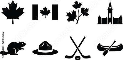 Photography Canada National Symbols Silhouette Icon Set – Maple Leaf, Flag, Parliament Hill,