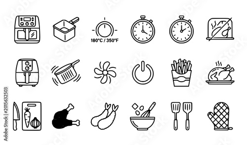 Принти на полотні Air fryer appliance icons vector minimal cooking kitchen outline pack