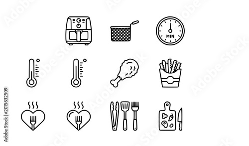 Принти на полотні Air fryer icons vector thin line kitchen appliance cooking food set