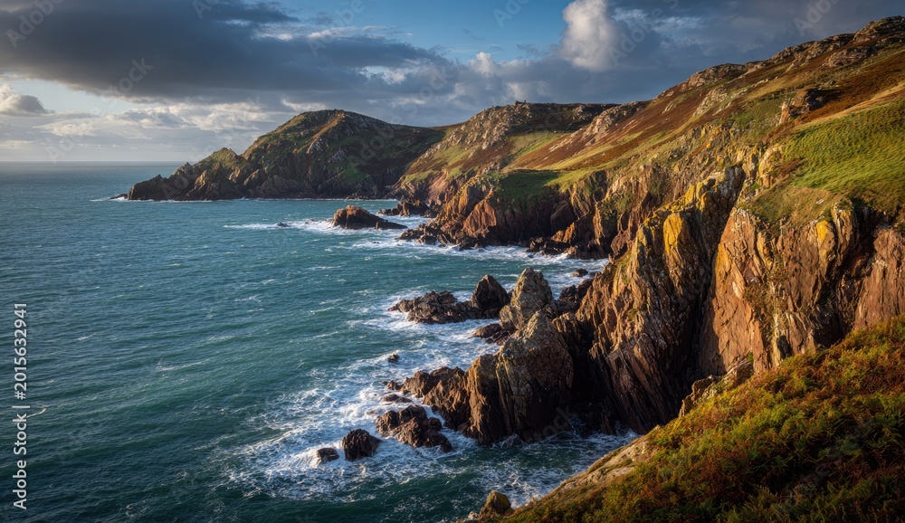 Obraz premium Coastal cliffs bathed in sunlight. Dramatic rocky shoreline with waves crashing against jagged cliffs