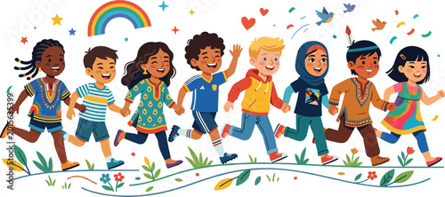 Diverse group of happy multicultural children running together outdoors holding hands under a rainbow symbolizing global unity peace and friendship.