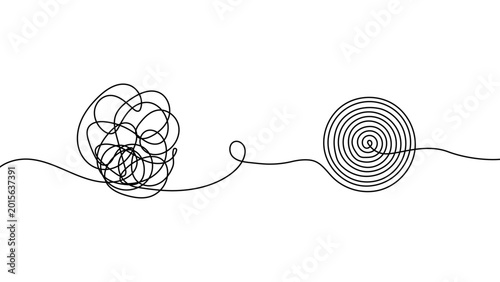 Continuous line chaos to clarity concept illustration vector, abstract scribble transforming into focused spiral idea