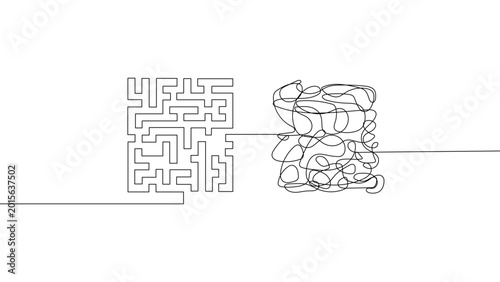 Tableau sur toile Continuous line maze to chaos vector illustration, problem solving confusion to