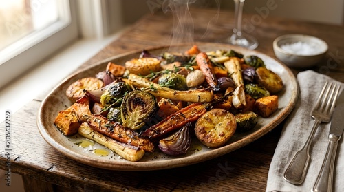 Roasted vegetables on wooden table