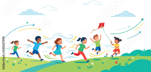 Obraz na plátně Joyful diverse group of children running and jumping on a grassy hill flying a kite during a windy summer day outdoors