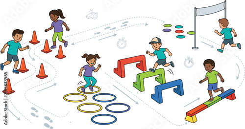 Fotografía Multicultural children completing an outdoor physical education obstacle course with hurdles balance beam cones and hoops for agility training development