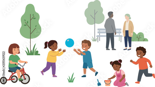 Tableau sur toile Multicultural children playing with ball riding tricycle and digging in sand while senior couple walks in public park nature setting