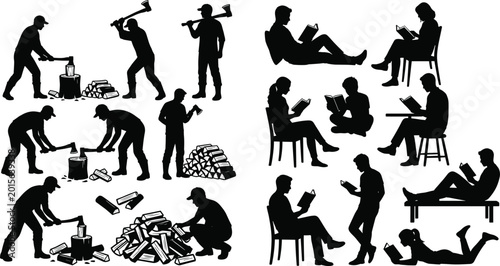 Bilde på lerret People reading relaxing and manual labor silhouettes collection isolated on whit