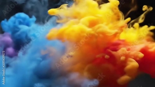 Close up eye level shot of thick, vibrant yellow and orange acrylic paint clouds swirling underwater against a soft blue background.