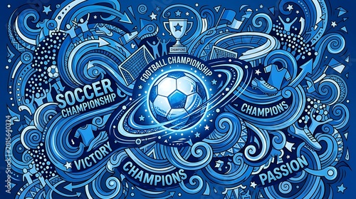 Dynamic Soccer Championship Celebration with Abstract Blue Swirls and Trophy.