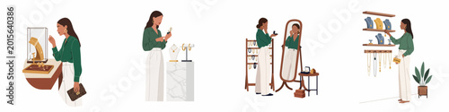Photos Set of flat vector illustrations featuring a young woman shopping for luxury jewelry, browsing necklaces, rings, and earrings in a modern boutique