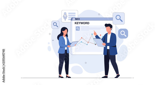 SEO keyword research and strategy planning with analytics graph and search icons