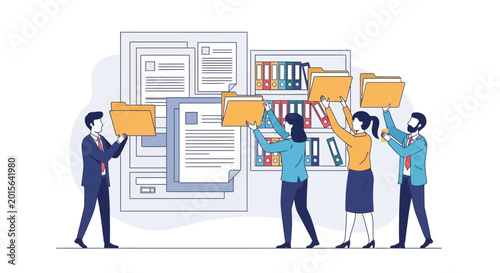 Team organizing files and documents for business data management