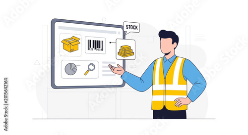 Warehouse stock management, inventory control, logistics illustration