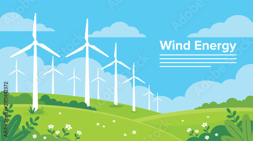 Foto Professional Illustration of Wind Turbines in a Green Field for Renewable Energy