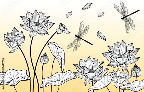 Lotus Flowers and Dragonflies Line Art Illustration