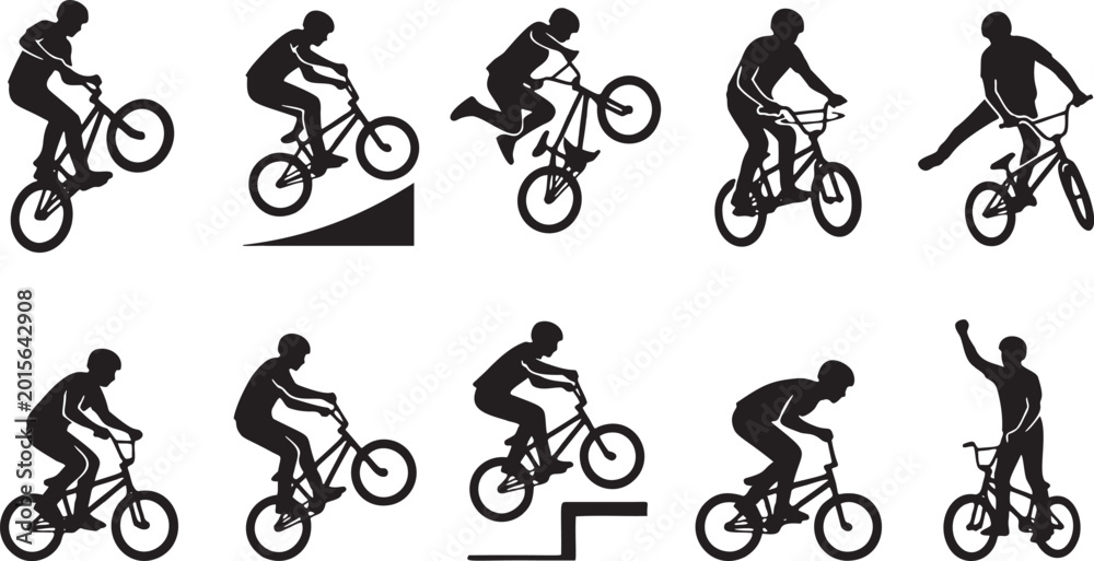 Fototapeta premium BMX Jump Action Silhouette Icon Set: 10 Extreme Street Cycling Poses.