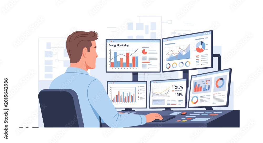 Fototapeta premium Man working with multiple monitors displaying financial charts and data analysis