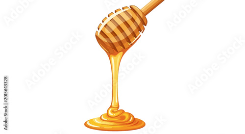Golden honey pouring from a wooden honey dipper wand onto a white background, viscous amber syrup dripping down to form a puddle, detailed vector illustration of a kitchen utensil.