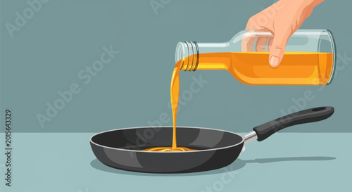 Flat vector illustration of a human hand pouring golden yellow oil from a clear glass bottle into a black frying pan for cooking preparation, isolated on a solid color background.