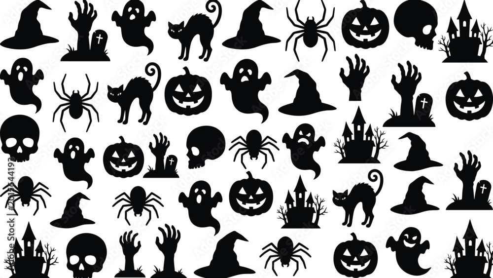 Obraz premium Halloween set featuring black silhouettes of pumpkins ghosts spiders skulls witches hats haunted houses and zombie hands rising from graves on a white background for seasonal holiday