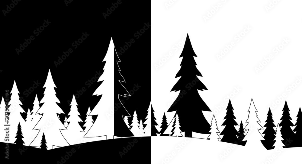 Obraz premium Pine Tree Forest Silhouettes on Split Black and White Background, Minimalist Nature Landscape Design.