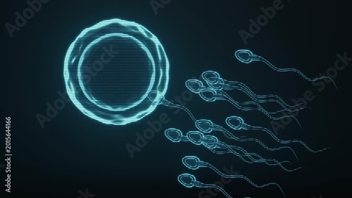 A captivating holographic representation of a human egg cell and sperm cells, illustrating the intricate biological process of fertilization with dynamic motion.