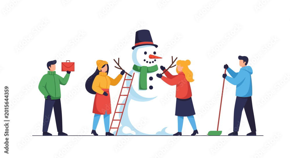 Fototapeta premium Group of friends building a snowman together during winter holidays.