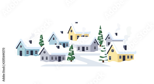 Tableau sur toile Charming Winter Village Scene with Snow-Covered Houses and Trees.