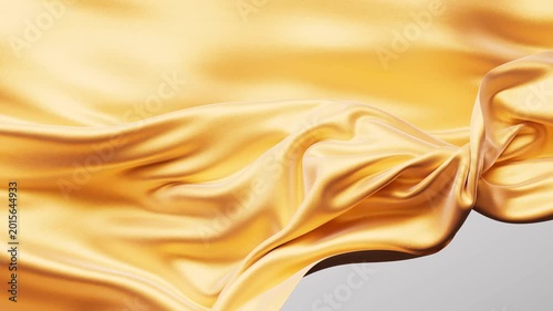Smooth elegant gold silk fabric flowing animation beautiful luxury satin cloth material motion on grey background.