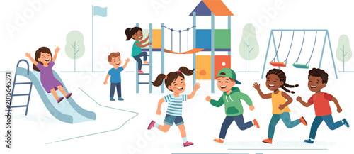Schilderij op canvas Diverse group of happy children playing together in an outdoor park featuring a slide swing set and climbing frame for active recreation