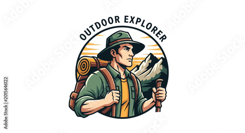 Tableau sur toile Man Wearing Backpack and Holding Trekking Poles.