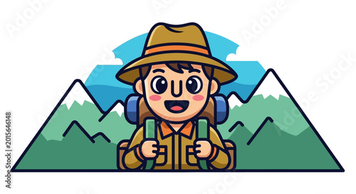 Tableau sur toile Cartoon man wearing hiking hat backpack.