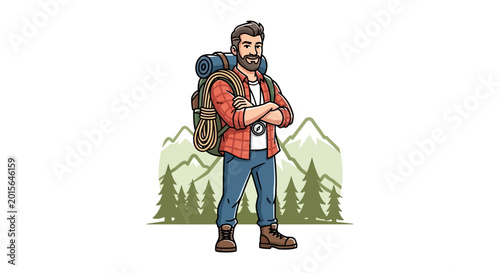 Obraz na płótnie Bearded male hiker with backpack and camera ready for adventure.