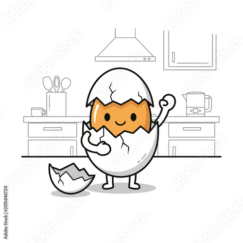Happy cartoon egg character hatching from its shell in kitchen.