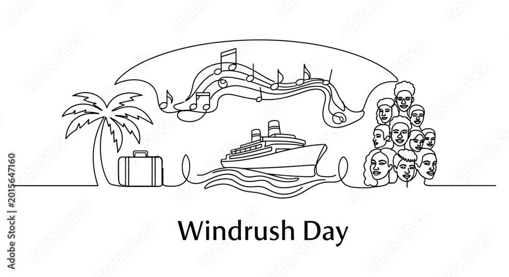 Naklejka premium Windrush Day Celebration: Cruise Ship, Palm Tree, Music Notes, and Diverse People Line Art