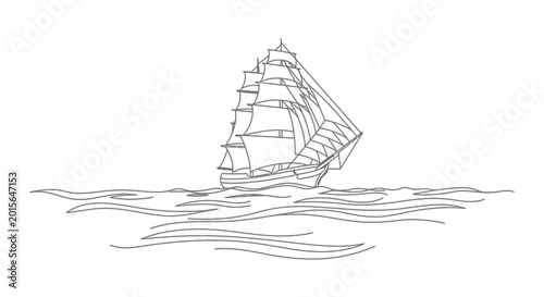 Cuadro en lienzo Elegant Tall Ship Sailing on Wavy Ocean, Nautical Line Art Illustration