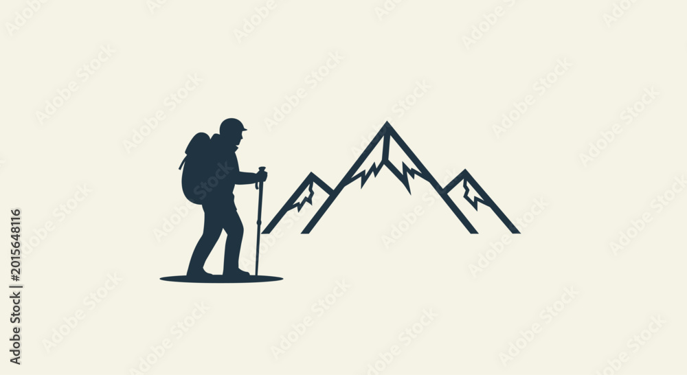 Fototapeta premium Minimalist Silhouette of a Hiker with Backpack and Trekking Poles Against Mountain Peaks.