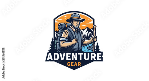 Canvastavla Vibrant illustration of a male adventurer with backpack and walking stick