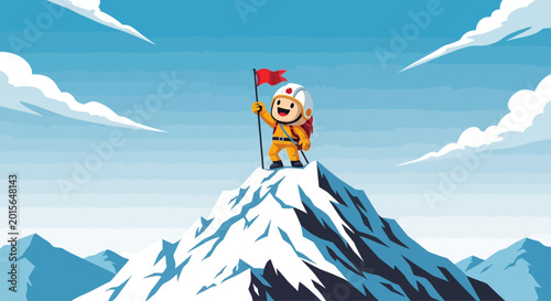 Happy climber celebrates success on snowy mountain peak.