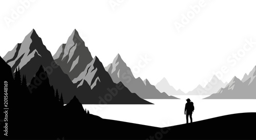 Quadro su tela Lone figure contemplating vast mountain and lake landscape.