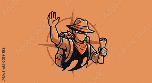 Foto Adventurous Explorer Waving with Map in Hand.