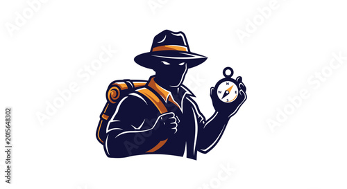 Mysterious adventurer with backpack and compass ready for exploration.