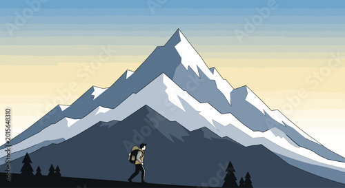 Fotografi Hiker with backpack walking towards majestic snow-capped mountains