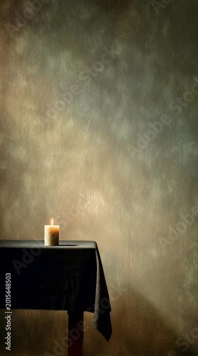 Moody still life featuring a single lit candle on a draped table creating an atmosphere of quiet contemplation and subtle warmth against a dark textured background