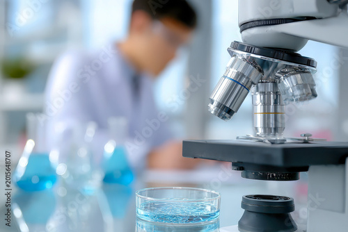 Close up of microscope and blue liquid in glass container in laboratory. Scientist working in background. Medical research concept.