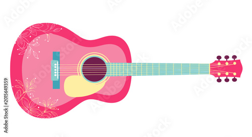 Cuadro en lienzo Acoustic Guitar with Floral Pattern, Pink and Blue, Isolated on White