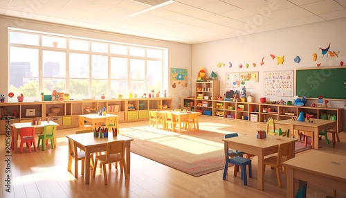 empty classroom with wooden desks chairs.